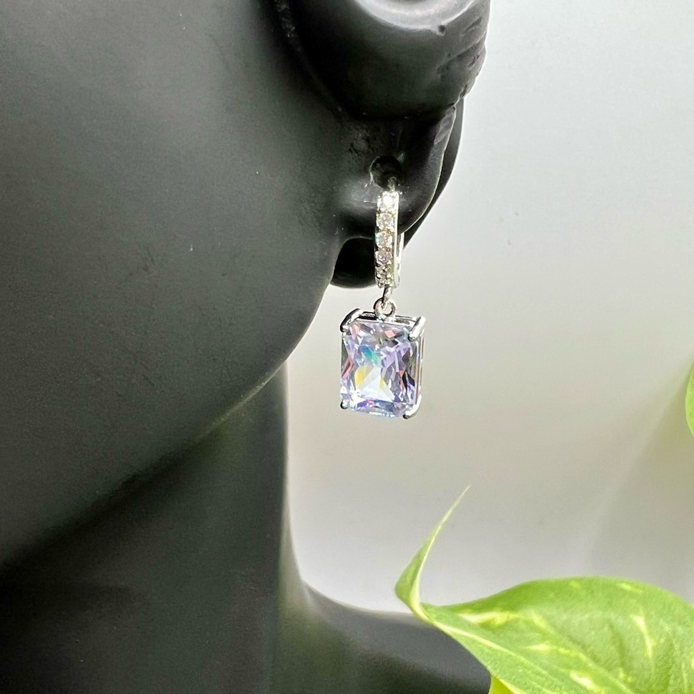 New Princess Cut Lavender & Silver Iridescent Crystal Pierced Drop Earrings